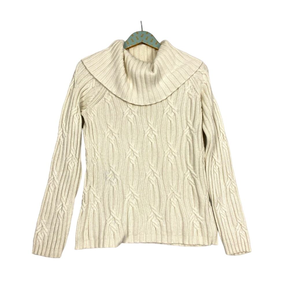 Talbots Sweater Womens Medium Cable Knit Angora Rabbit Hair Cowl Neck Cream Cozy